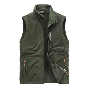 Men's olive green polar fleece vest with stand collar and zipper pockets for outdoors