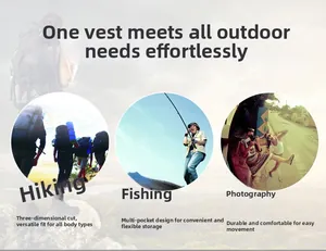 Detail of multi-pocket outdoor vest showing functional utility for fishing and photography