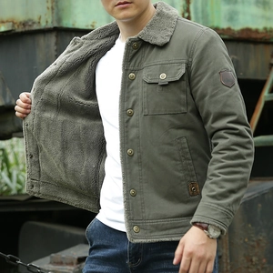 Men Winter Fleece Lined Cotton Jacket Thickened Workwear Style Outdoor Casual Coat With Lamb Wool Collar For Men