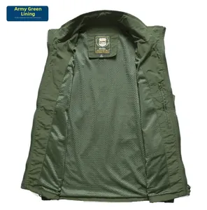 Detail of army green fishing vest featuring breathable mesh lining and brand label