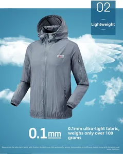 Détail de la veste anti-UV grise légère de 100g avec un tissu fin de 0,1mm d'épaisseur