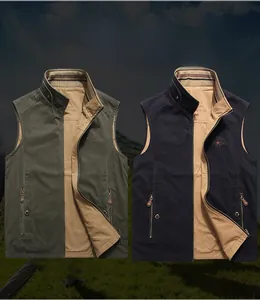 Detail of outdoor utility vest with multiple functional pockets and stand collar design