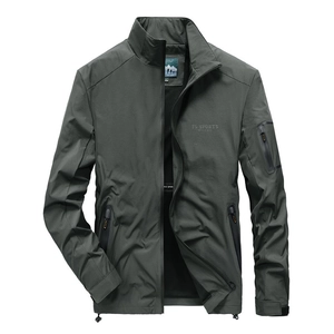 Windproof men's stand collar outdoor jacket in charcoal grey with zipper pockets