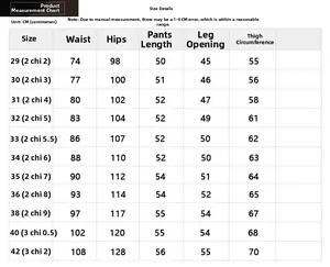 Detailed size chart for men's casual shorts showing waist and hip measurements