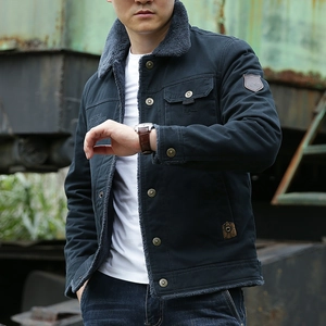 Men's navy blue fleece-lined work jacket with gray faux shearling collar and arm patch