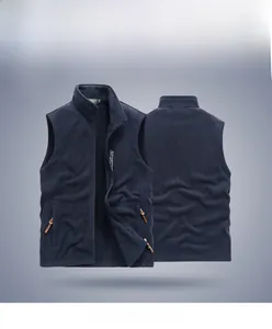 Detailed front and back views of women's dark blue fleece vest with full zip and pockets
