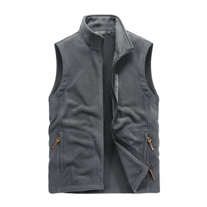 Men's dark gray polar fleece vest with stand collar and zipper pockets for outdoors