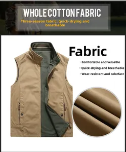 Detail of khaki outdoor vest with 100% cotton breathable and quick-dry fabric texture