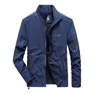 Men's navy blue windbreaker jacket with stand collar and zipper pockets on white background