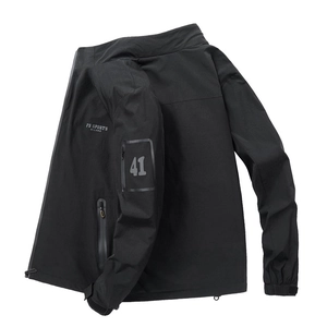 Men's black windproof jacket with stand collar and waterproof zipper details