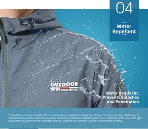 Détail d'une veste de protection solaire gris-bleu avec revêtement nano imperméable