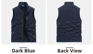 Front and back views of navy fleece vest with stand collar and zipper pockets
