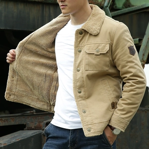 Men's khaki sherpa-lined utility jacket with heavy canvas outer and rustic workwear style