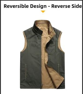 Detail of reversible men's vest showing khaki interior with adventure neck print and zip