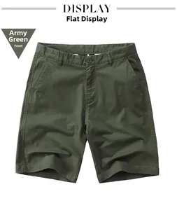 Front view of army green men's cotton shorts with pockets and waist loops