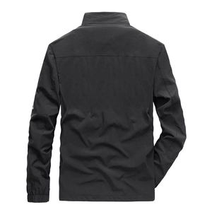 Rear view of black stand collar windbreaker jacket for men with ribbed elastic cuffs