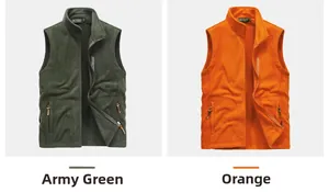 Detail view of outdoor fleece vests in army green and orange with zip pockets and stand collar