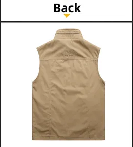 Detail of khaki outdoor vest back showing precise embroidery and cotton fabric texture