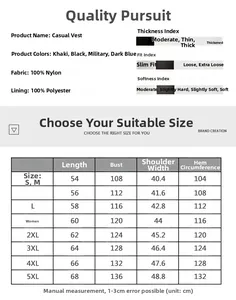 Detailed size chart for men's outdoor utility vest featuring multi-pocket cargo measurements