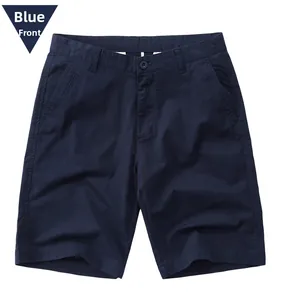 Detailed front view of navy blue cotton shorts featuring a classic button fly and pockets