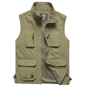 Men's olive green outdoor fishing vest with multi-pocket mesh lining and zipper