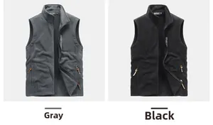 Detail of grey and black fleece vests with stand-up collars and zippered pockets