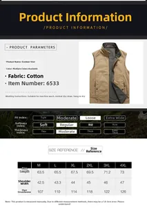 Size guide for men's outdoor fishing vest showing dimensions from size M to 4XL in a clear table