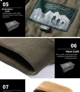 Detail of military green cargo jacket showing embroidered patch and fleece lining texture