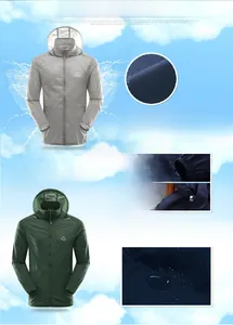 Macro detail of water-repellent nylon fabric on a hooded quick-dry sun protection jacket
