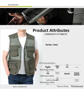Dettaglio del gilet da pesca in rete verde oliva con multitasche e tabella delle taglie