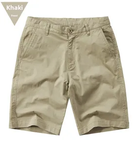 Front view of khaki cotton casual shorts with belt loops and twill texture detail