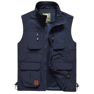 Quick-dry navy blue outdoor vest with multi-pocket design and mountain embroidery