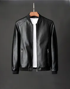 Detail of men's black PU leather jacket showing ribbed collar and metallic zipper