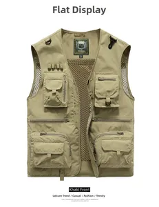 Detailed flat lay of khaki utility vest with multi-pockets, zippers and mesh lining