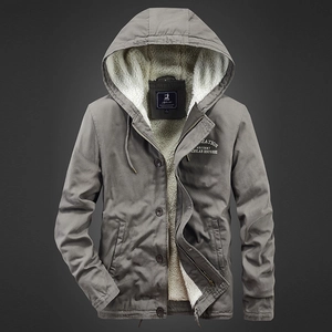 Men's Winter Thickened Hooded Sherpa Lined Cotton Jacket Workwear Casual Fleece Padded Coat Outerwear With Letter Print
