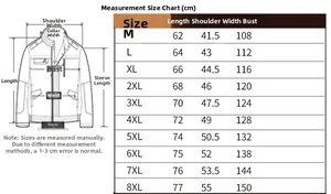 Tabella taglie dettagliata per gilet in rete traspirante da M a 8XL con misure busto