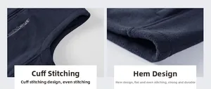 Detailed view of precision stitching on navy fleece vest armhole and hemline finish