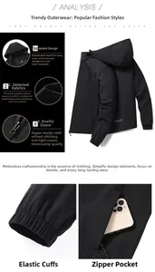 Detail showing the adjustable hooded design and durable metal zipper of the black jacket