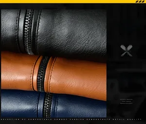 Detail of leather jackets showing metal zipper and texture in black, red and blue colors