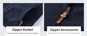 Detail of blue fleece vest showing functional zip pockets and premium leather zipper pulls