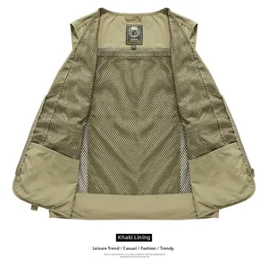 Detail of khaki outdoor vest showing breathable mesh lining for comfort and ventilation