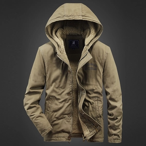 Men's khaki corduroy jacket with thick sherpa lining and drawstring hood for winter