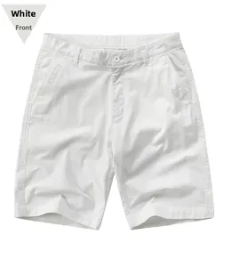 Detailed front view of white casual men's shorts showing button closure and pockets