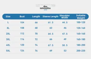 Detailed size chart for men's sun protection jacket with measurements for sizes L to 5XL