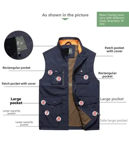 Detailansicht der dunkelblauen Outdoor-Weste mit vielen Taschen und atmungsaktivem Futter