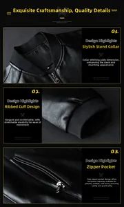 Detailed close-up of stand collar, ribbed cuffs and zipper pocket on black leather jacket