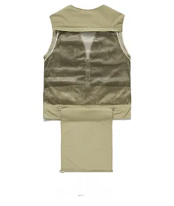 Rear view of khaki fishing vest showing breathable mesh fabric and zippered pockets
