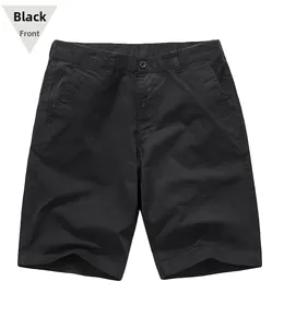 Flat lay of men's casual black chino shorts showing front view with pocket details