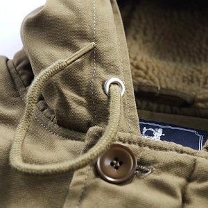 Men's khaki hooded jacket with warm fleece lining and high-quality drawstring details