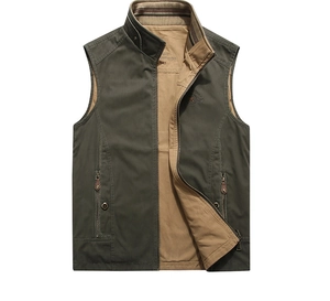 Detail of reversible men's fishing vest showing the stand collar and spirit embroidery